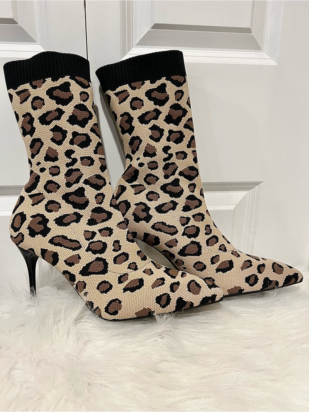 Leopard Print Stretch Sock Stiletto Boots - Beige/Black